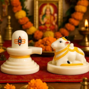 White Shivling with Nandi – Sacred Shiva Idol in Elegant White Finish
